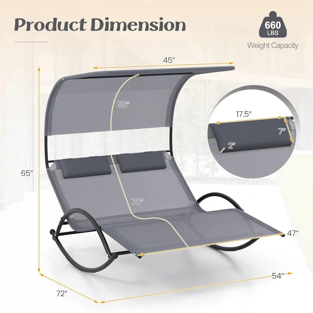 Loveseat Chaise Lounge Rocker with Sun Shade Canopy  and Headrest Pillows