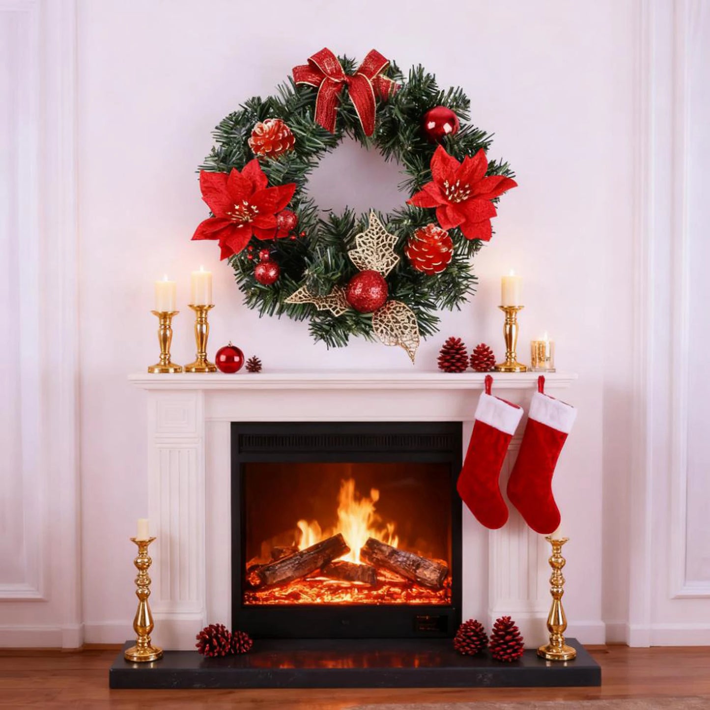 Red Bow, Poinsettia Pine Cone Festive Holiday Wreath