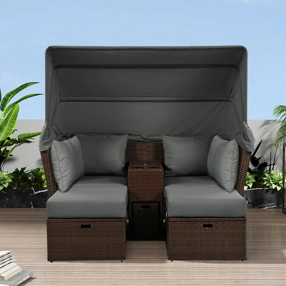 Loveseat Daybed Chaise Lounger with Foldable Awning and Cushions