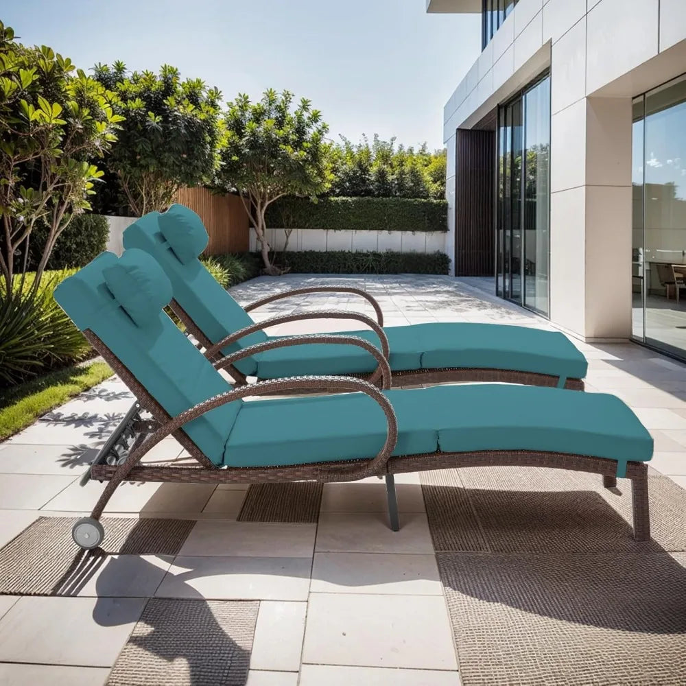 Rattan Wicker Chaise Lounge Chairs with Wheels and Cushions