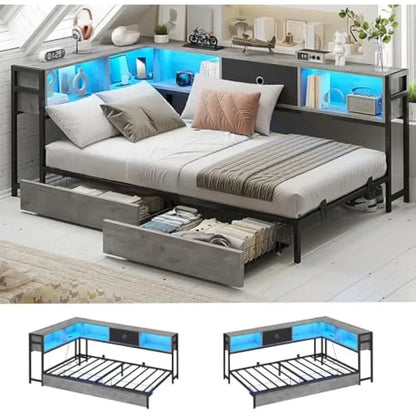 Modern LED Corner Bed Frame with Bookcase, Charging Station and Storage Drawers