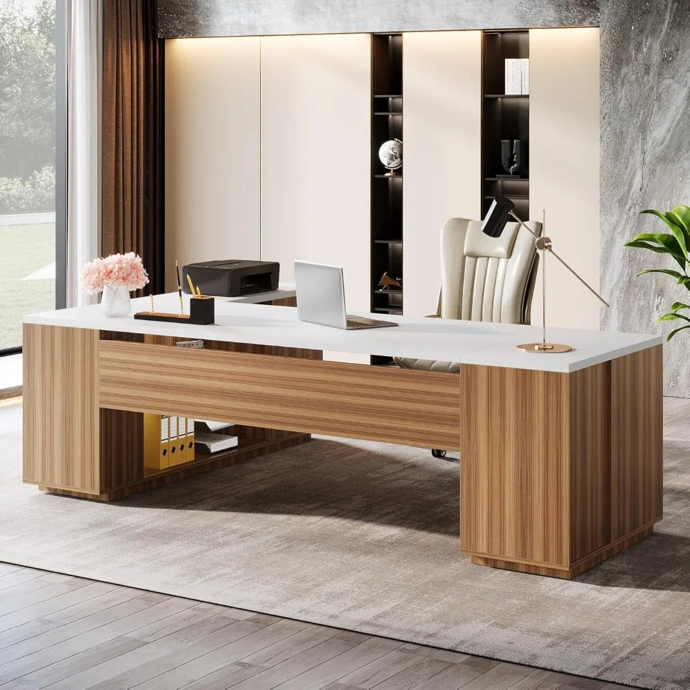 Modern Faux Marble Top Wood Grain  85" L-Shaped Executive Desk