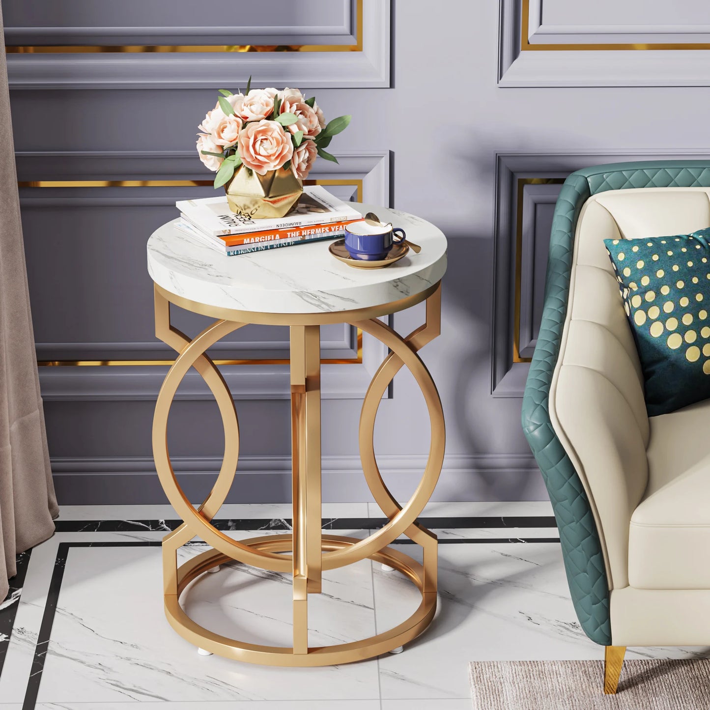 Modern O- Shaped Gold Metal Base Round End Table with Thick Wood Top