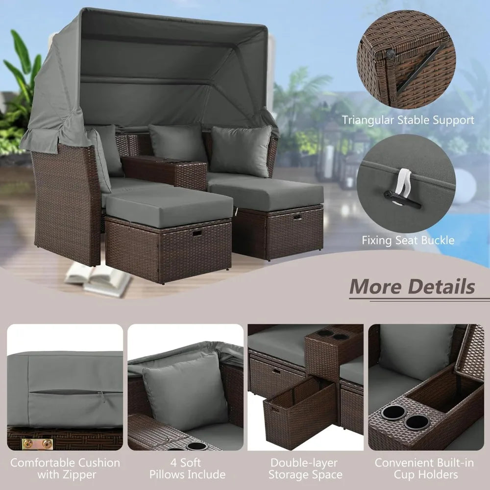 Loveseat Daybed Chaise Lounger with Foldable Awning and Cushions