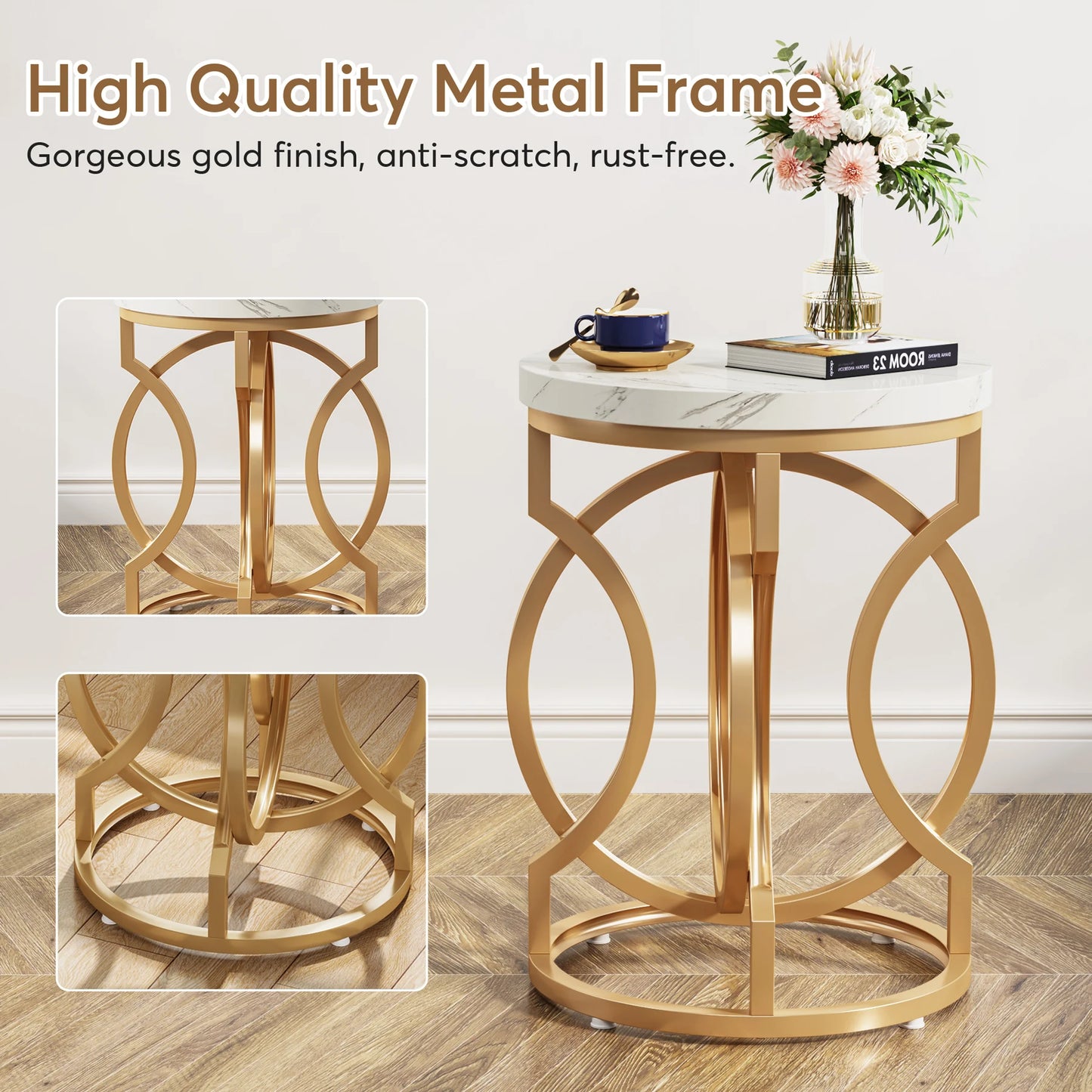 Modern O- Shaped Gold Metal Base Round End Table with Thick Wood Top