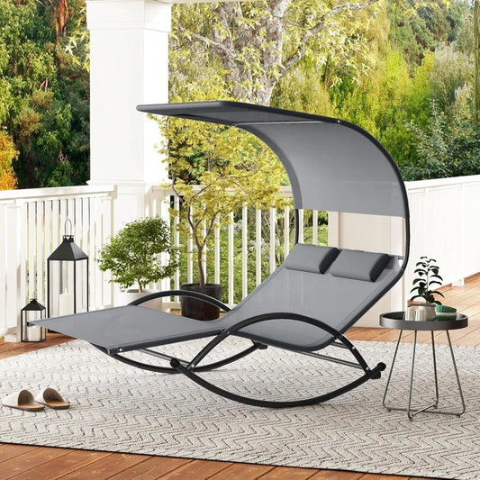 Loveseat Chaise Lounge Rocker with Sun Shade Canopy  and Headrest Pillows