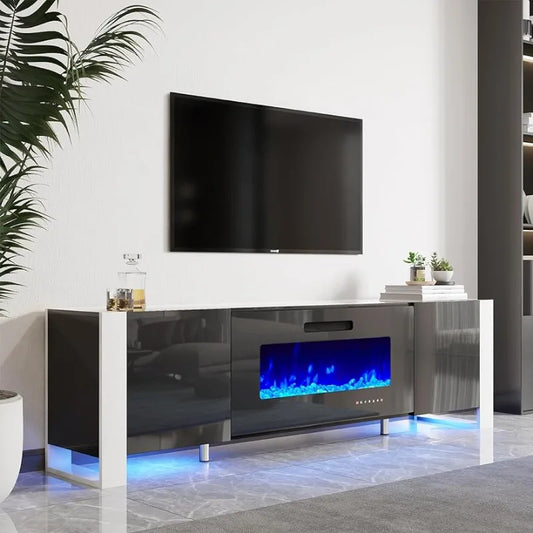 80" Modern High Gloss Entertainment Center TV Stand with Electric LED Fireplace