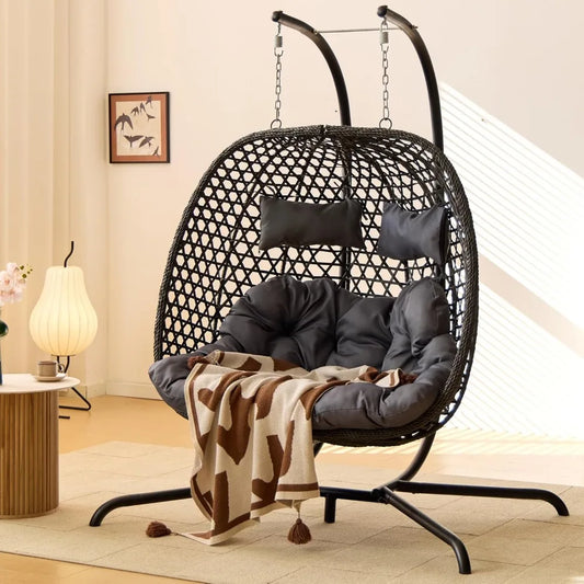 Wicker Hammock Double Swing Chair with Cushions