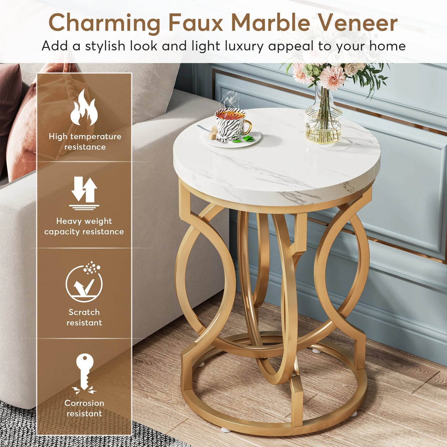 Modern O- Shaped Gold Metal Base Round End Table with Thick Wood Top