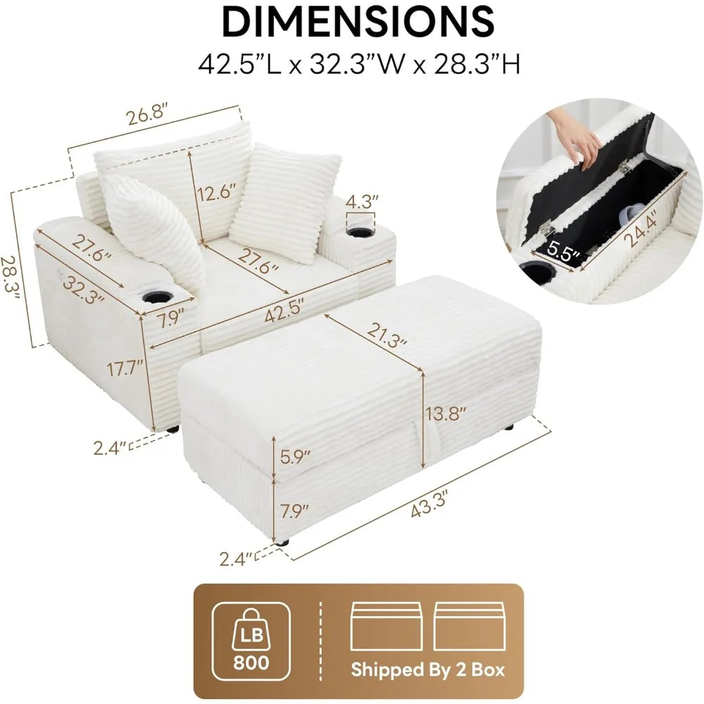 Oversized Chaise Lounge Chair with Cup Holder and Charging Port