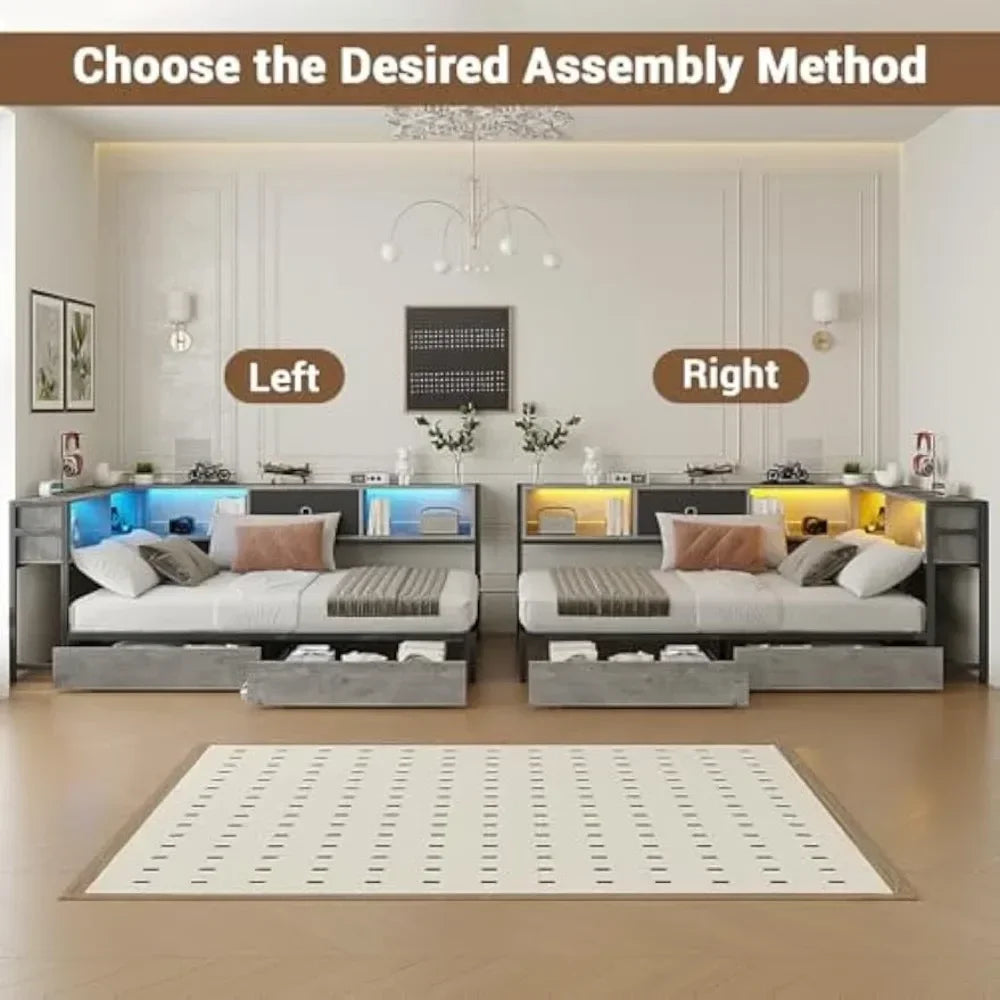 Modern LED Corner Bed Frame with Bookcase, Charging Station and Storage Drawers