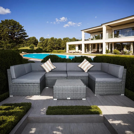 Rattan Wicker Modular Patio Sofa Set with Coffee Table and Throw Pillows