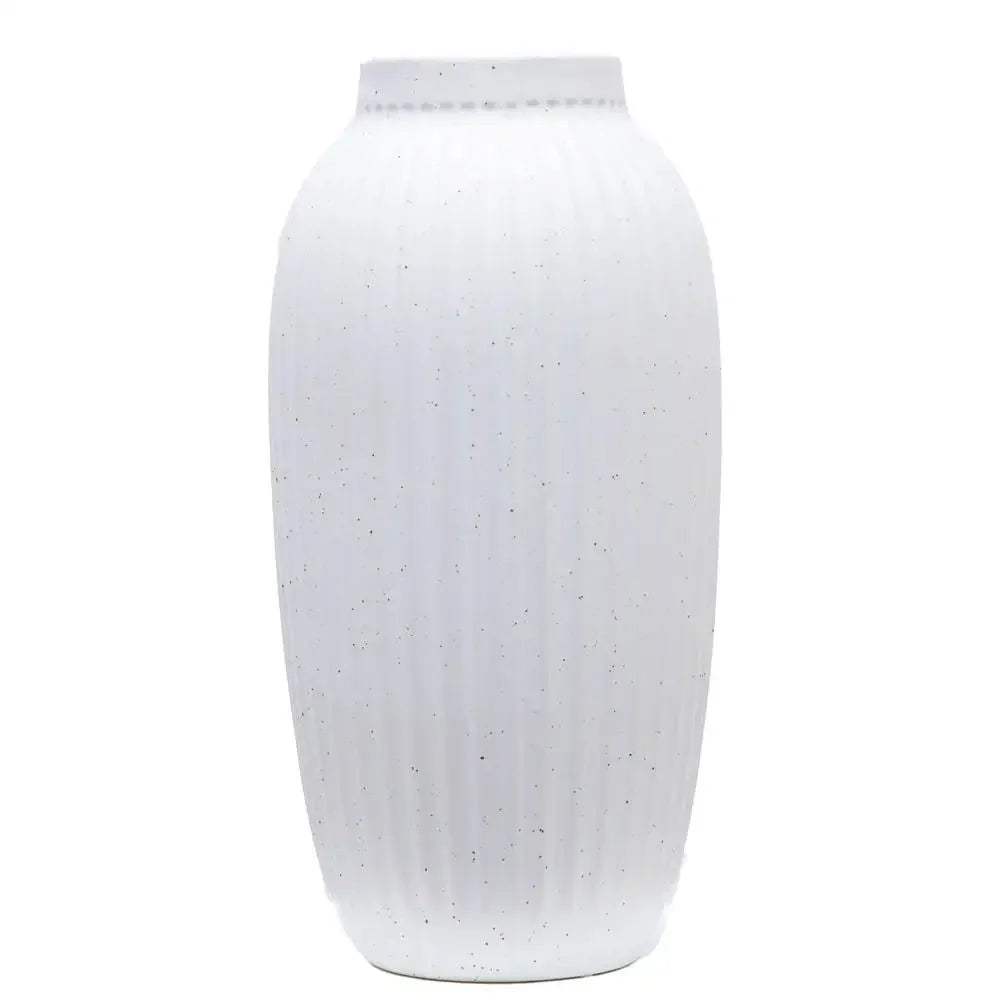 16" White Ribbed Ceramic Vase