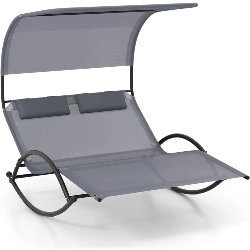 Loveseat Chaise Lounge Rocker with Sun Shade Canopy  and Headrest Pillows