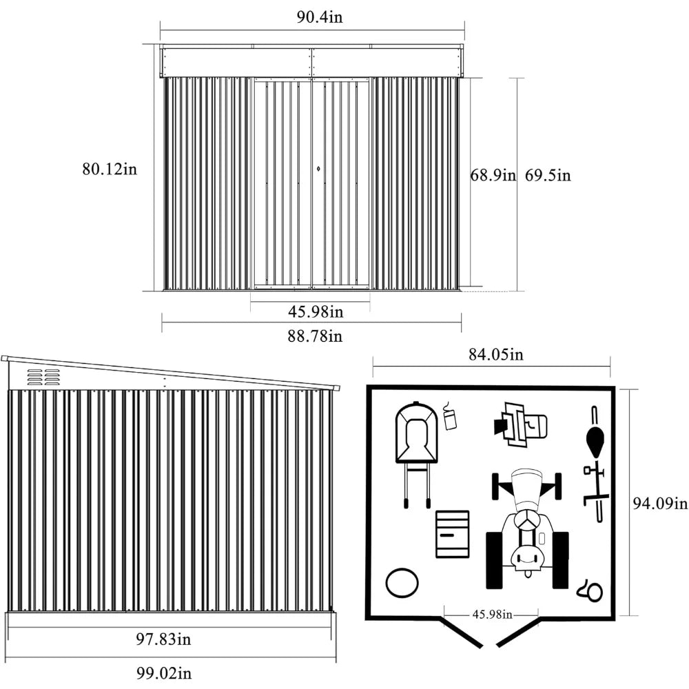 Outdoor Galvanized Metal Shed Storage House with Lockable Door and Vents
