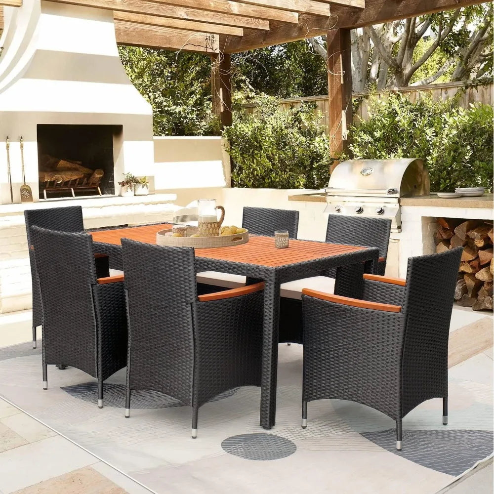 Acacia Wood Table Set with Cushions Wicker Chairs