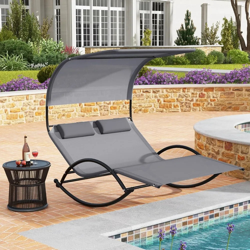 Loveseat Chaise Lounge Rocker with Sun Shade Canopy  and Headrest Pillows