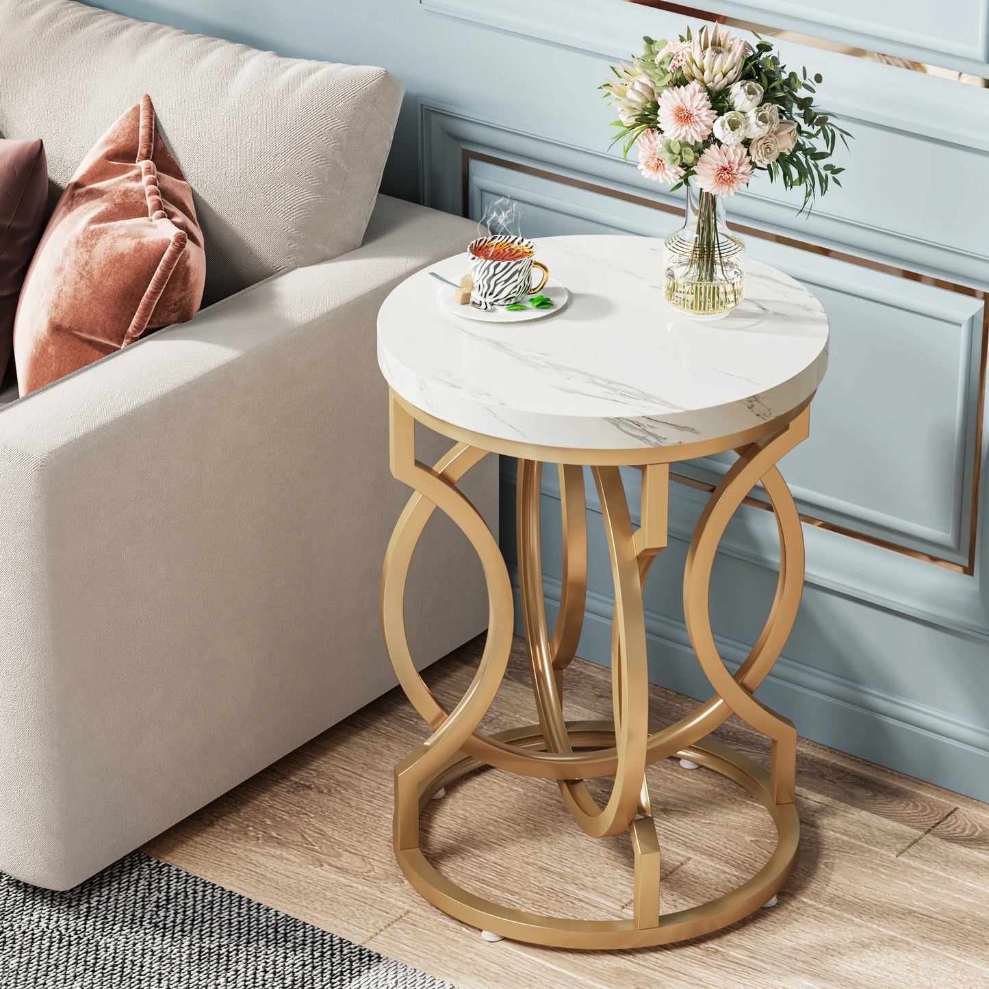 Modern O- Shaped Gold Metal Base Round End Table with Thick Wood Top
