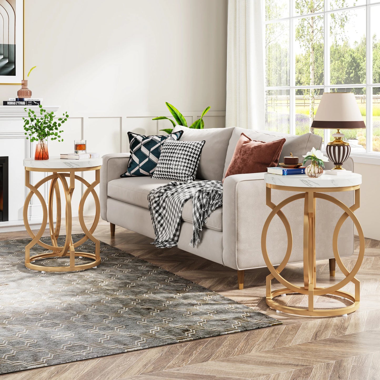 Modern O- Shaped Gold Metal Base Round End Table with Thick Wood Top