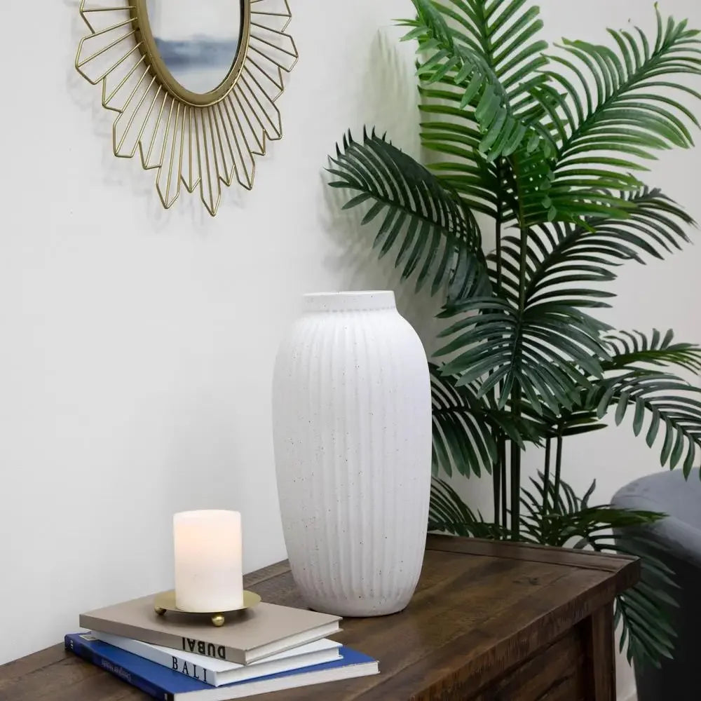 16" White Ribbed Ceramic Vase