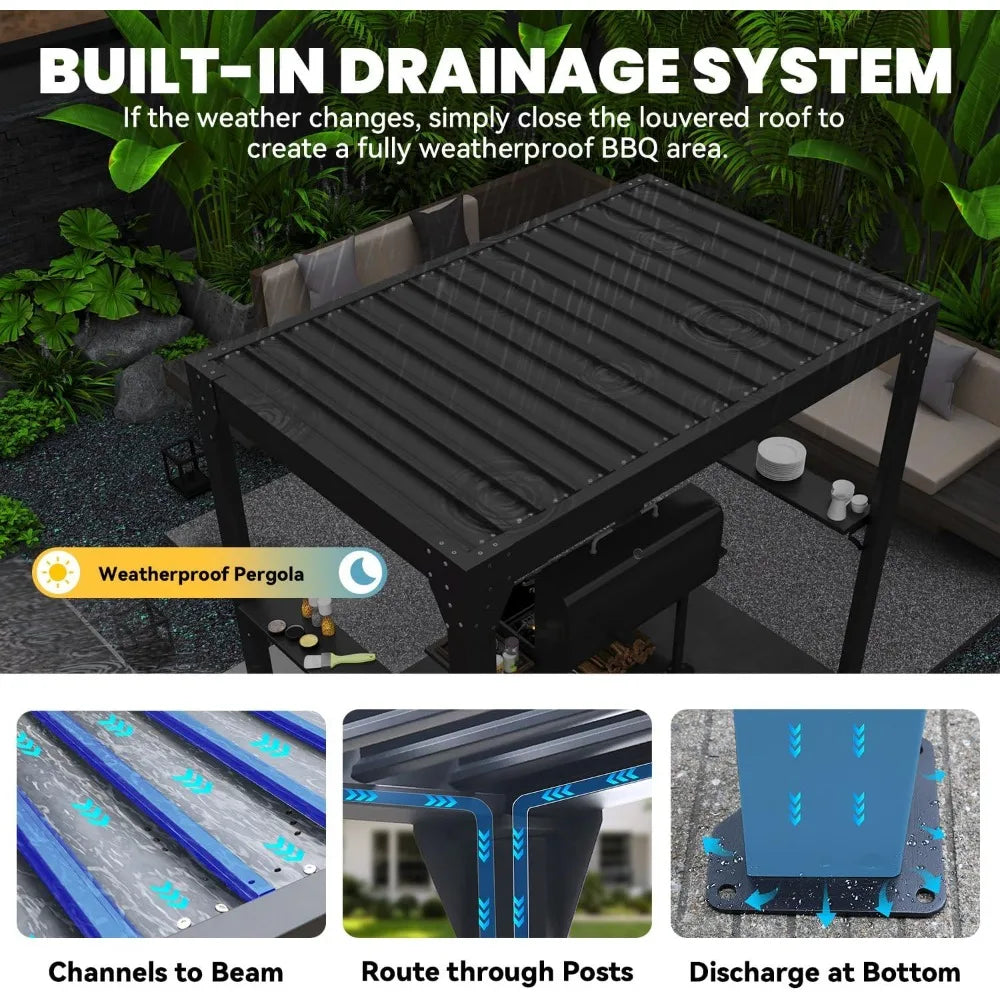 Grill Waterproof Pergola with Adjustable Louvered Roof