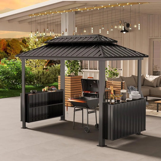 Grill Gazebo with Double Roof, Storage Cabinets, and Ceiling Hooks