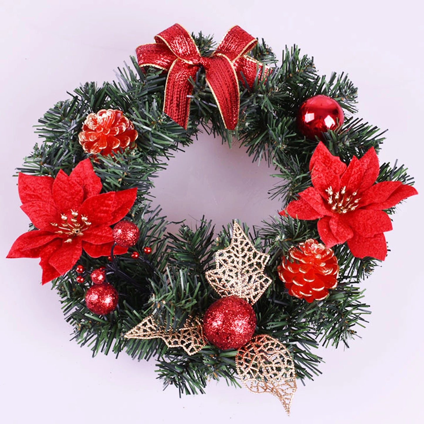 Red Bow, Poinsettia Pine Cone Festive Holiday Wreath