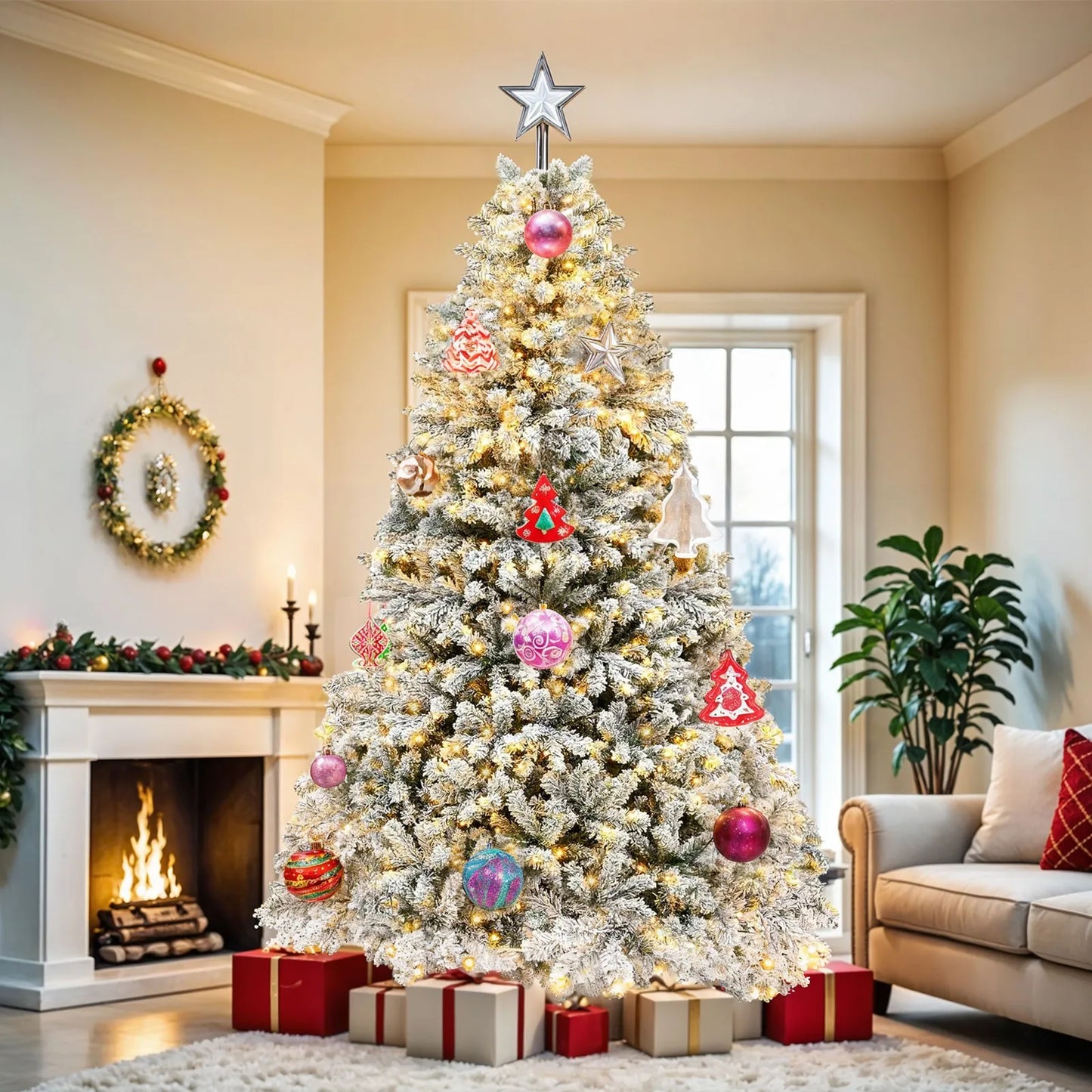 Snow Flocked Artificial Christmas Tree with LED Light and Remote Control