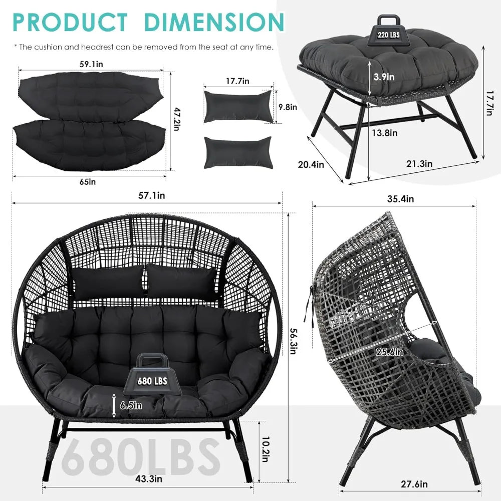 Loveseat Egg Chair with Ottomans and Cushions