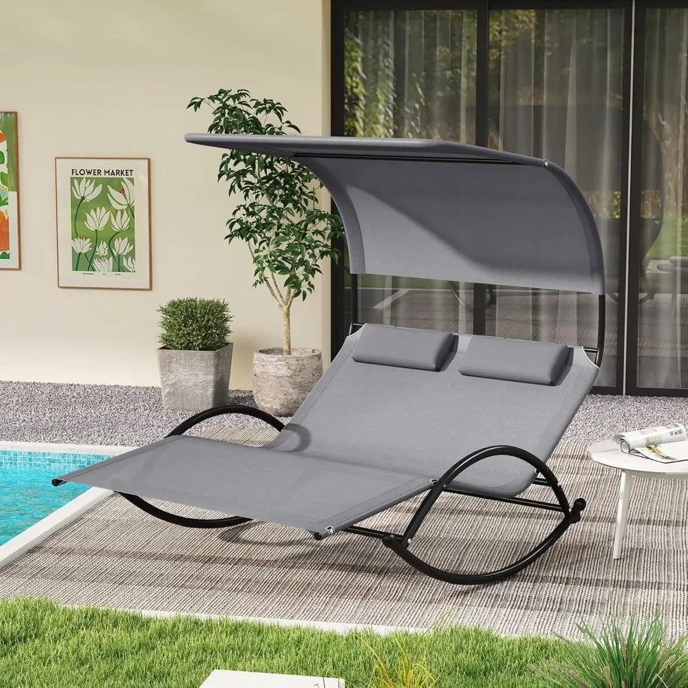 Loveseat Chaise Lounge Rocker with Sun Shade Canopy  and Headrest Pillows