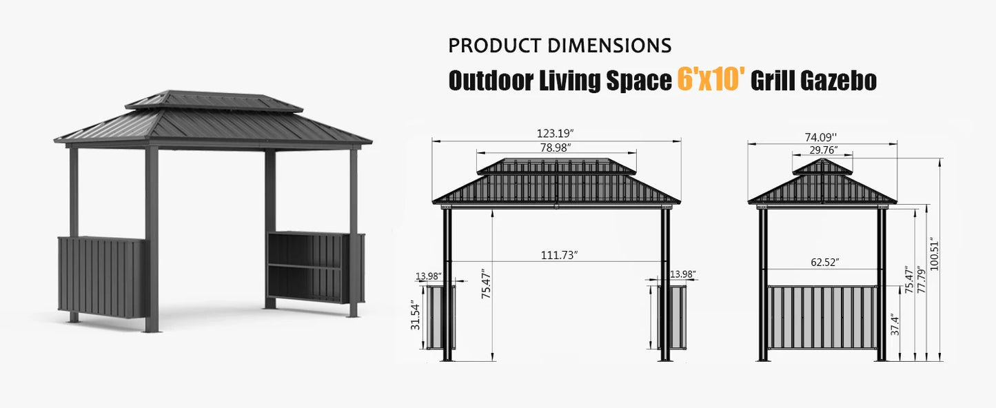 Grill Gazebo with Double Roof, Storage Cabinets, and Ceiling Hooks