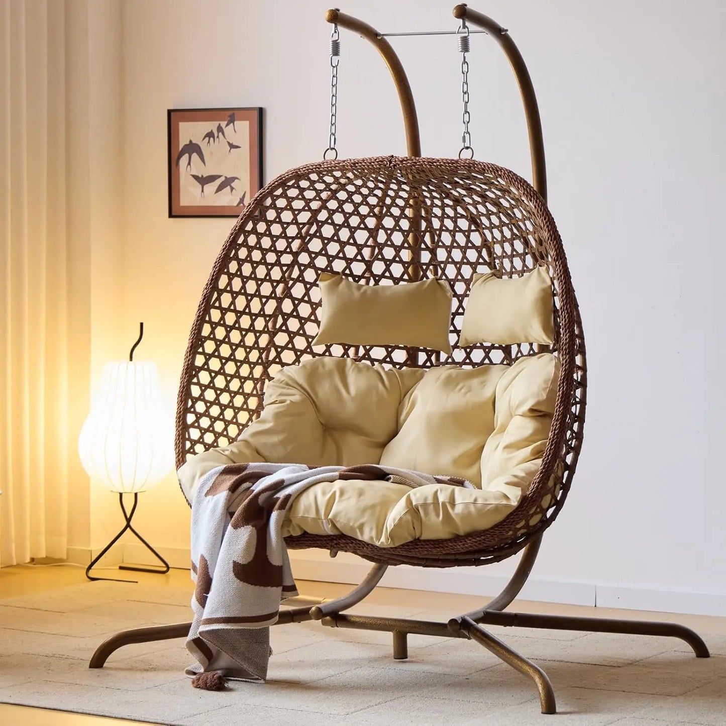 Wicker Hammock Double Swing Chair with Cushions