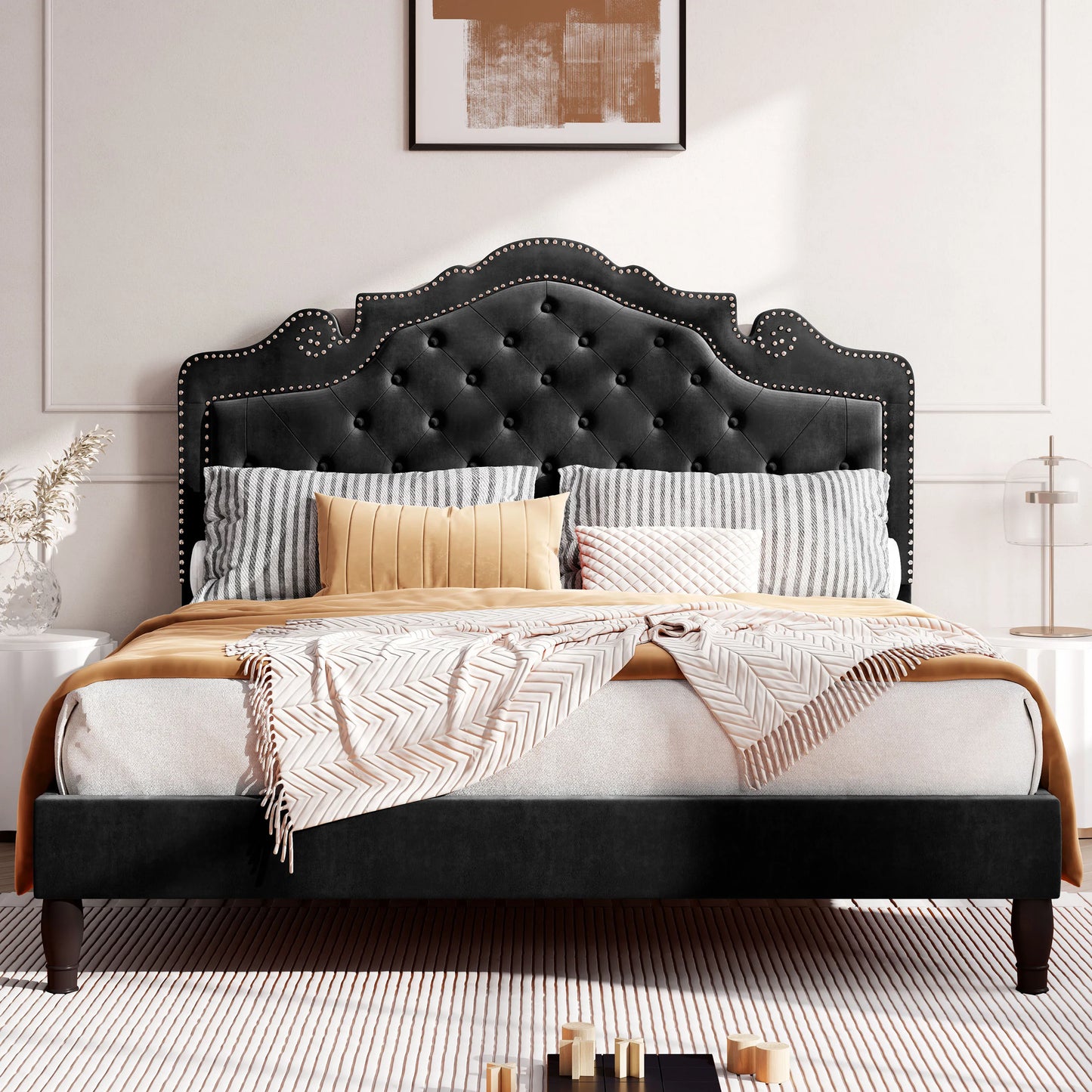Upholstered Diamond Button Tufted Platform Bed