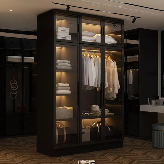 Amoire Wardrobe with Lights, Hanging Rod, Glass Doors and Shelves