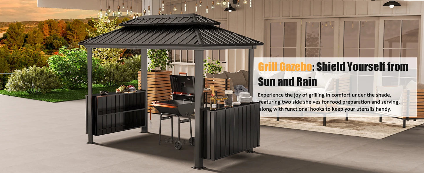 Grill Gazebo with Double Roof, Storage Cabinets, and Ceiling Hooks