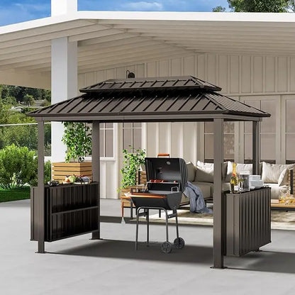Grill Gazebo with Double Roof, Storage Cabinets, and Ceiling Hooks