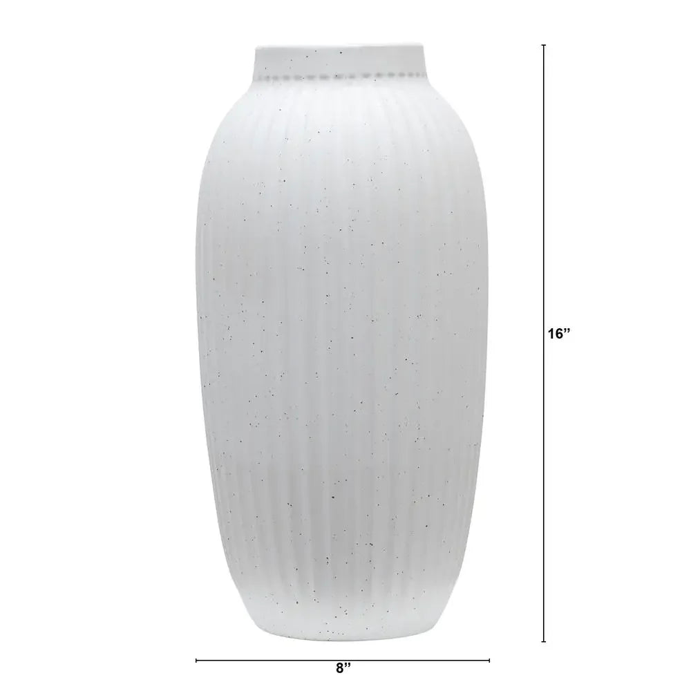 16" White Ribbed Ceramic Vase