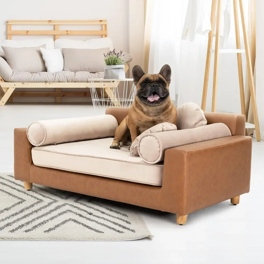 Luxury Faux Leather Dog Sofa Bed with Washable Cover Cushion and Pillow