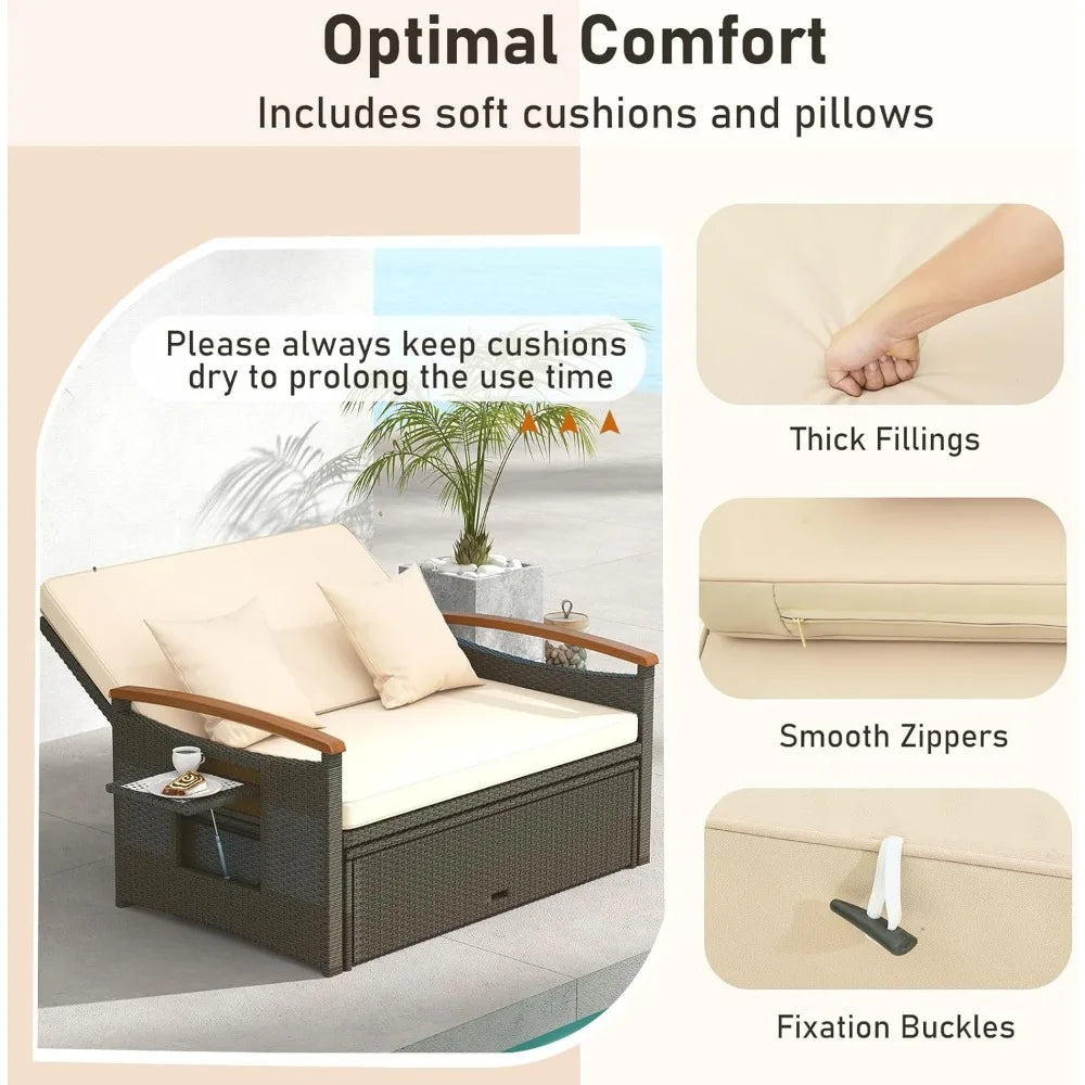 Daybed Chaise Lounger w/4-Level Adjustable Backrest & Retractable Trays