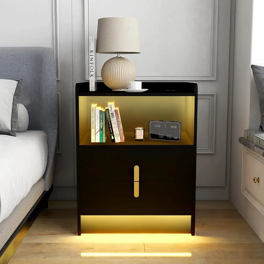 **NEW**Nightstand with 3 Types Charging Station and LED Lights