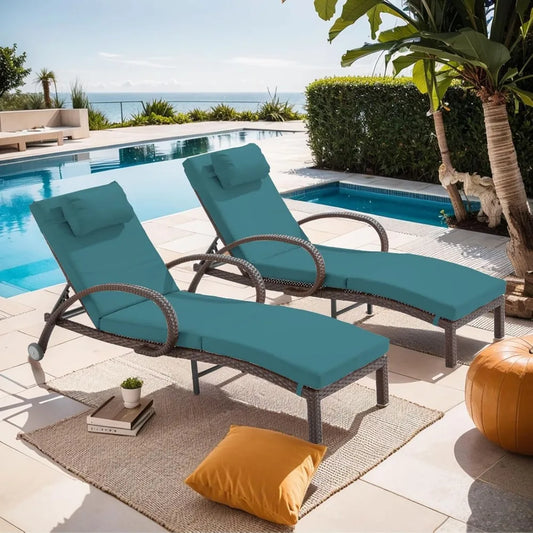 Rattan Wicker Chaise Lounge Chairs with Wheels and Cushions