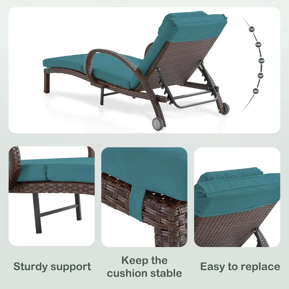 Rattan Wicker Chaise Lounge Chairs with Wheels and Cushions