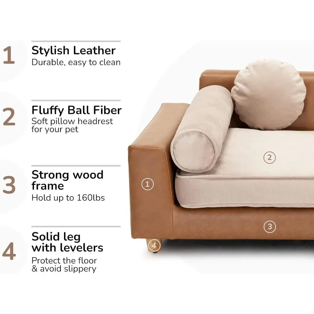 Luxury Faux Leather Dog Sofa Bed with Washable Cover Cushion and Pillow