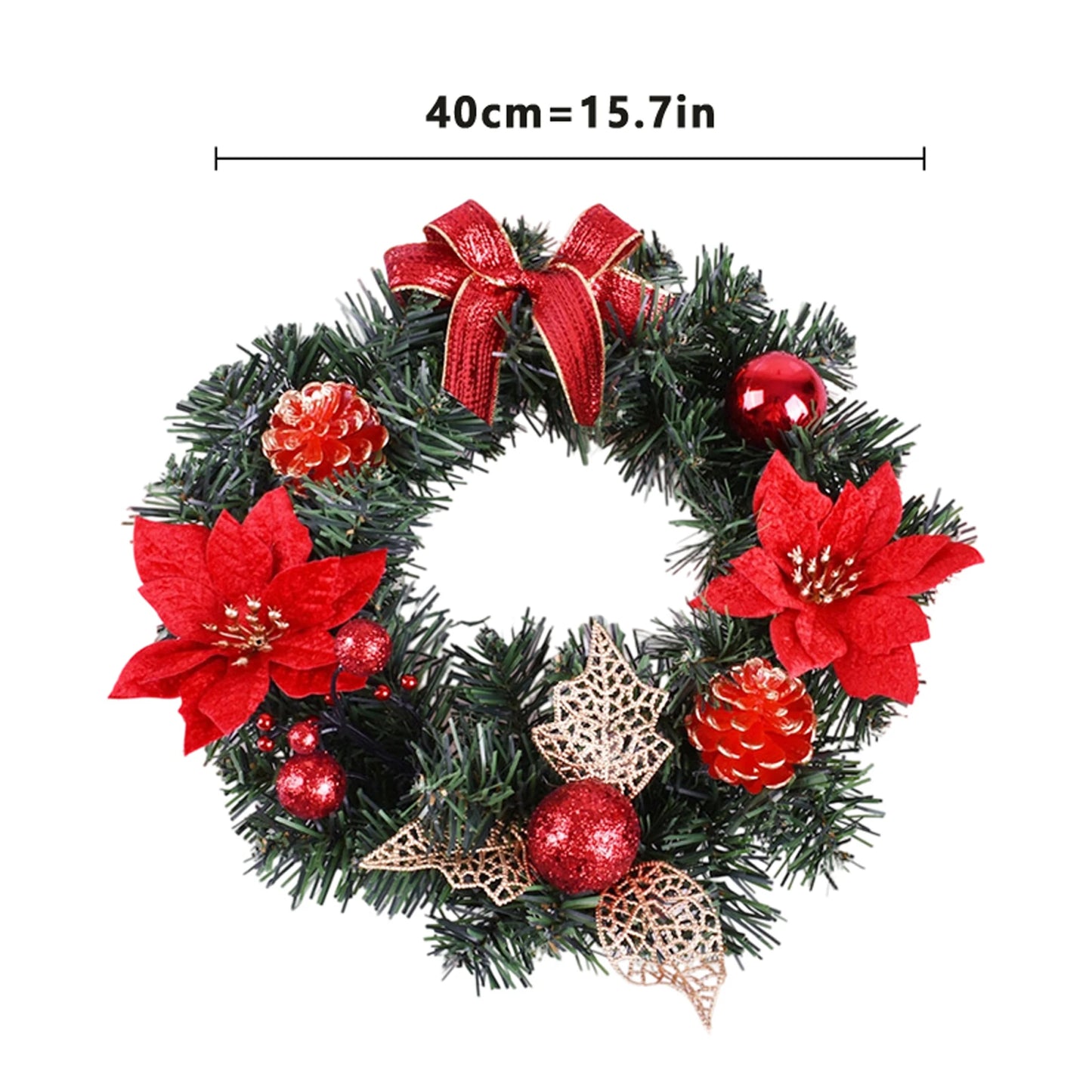 Red Bow, Poinsettia Pine Cone Festive Holiday Wreath