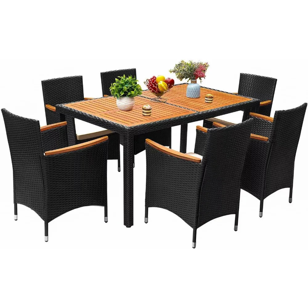 Acacia Wood Table Set with Cushions Wicker Chairs
