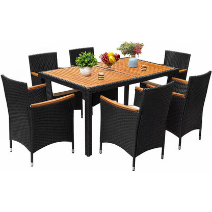Acacia Wood Table Set with Cushions Wicker Chairs