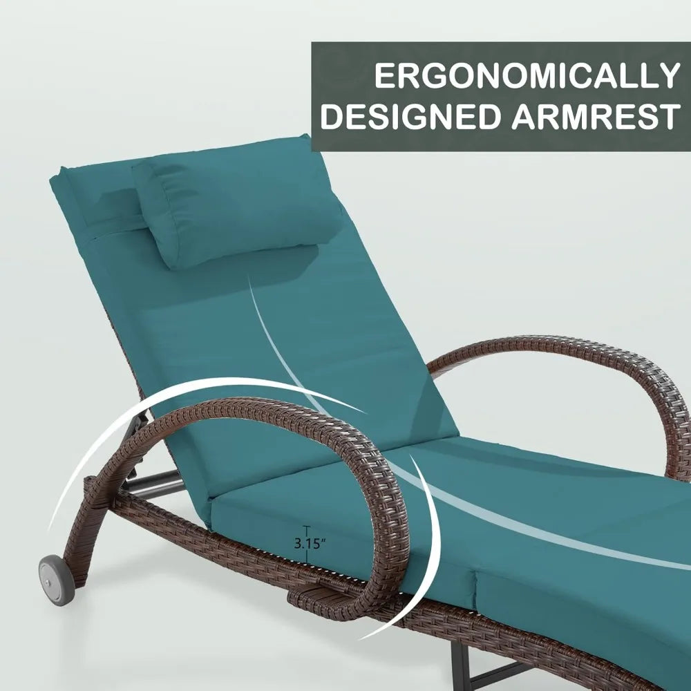 Rattan Wicker Chaise Lounge Chairs with Wheels and Cushions