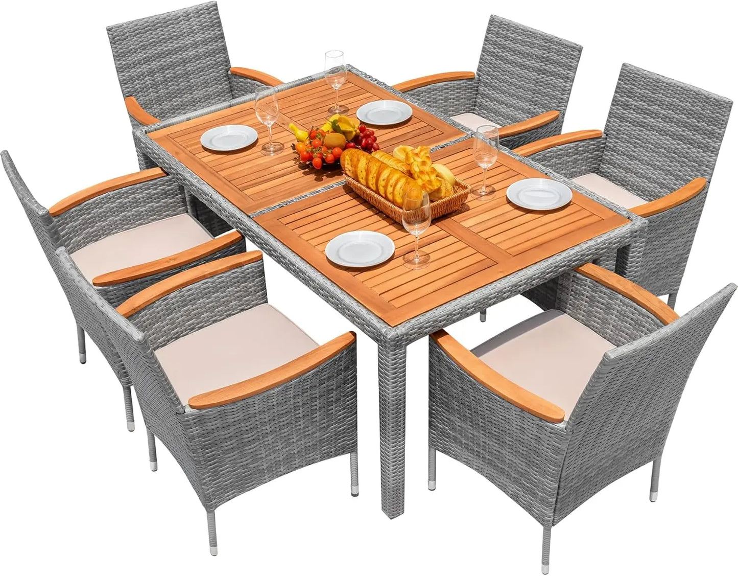 Acacia Wood Table Set with Cushions Wicker Chairs