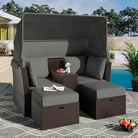 Loveseat Daybed Chaise Lounger with Foldable Awning and Cushions
