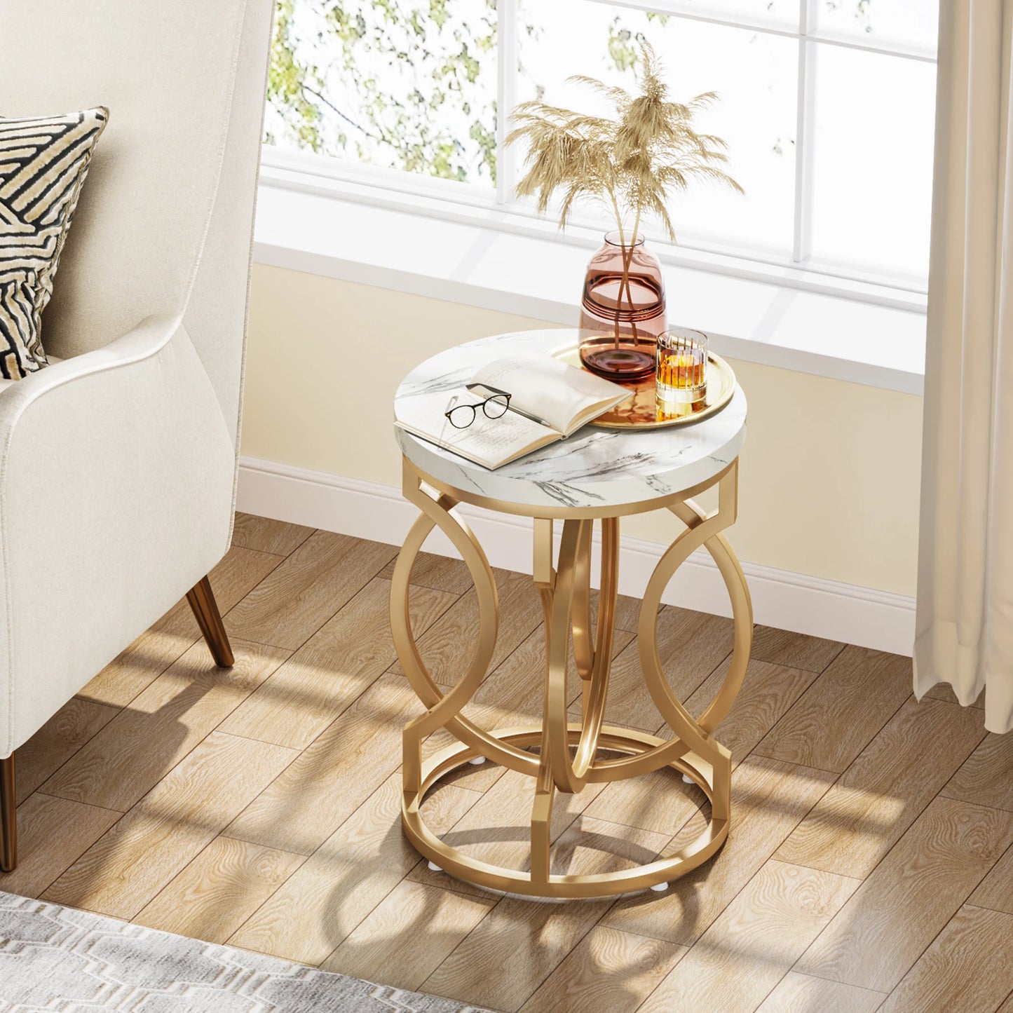 Modern O- Shaped Gold Metal Base Round End Table with Thick Wood Top
